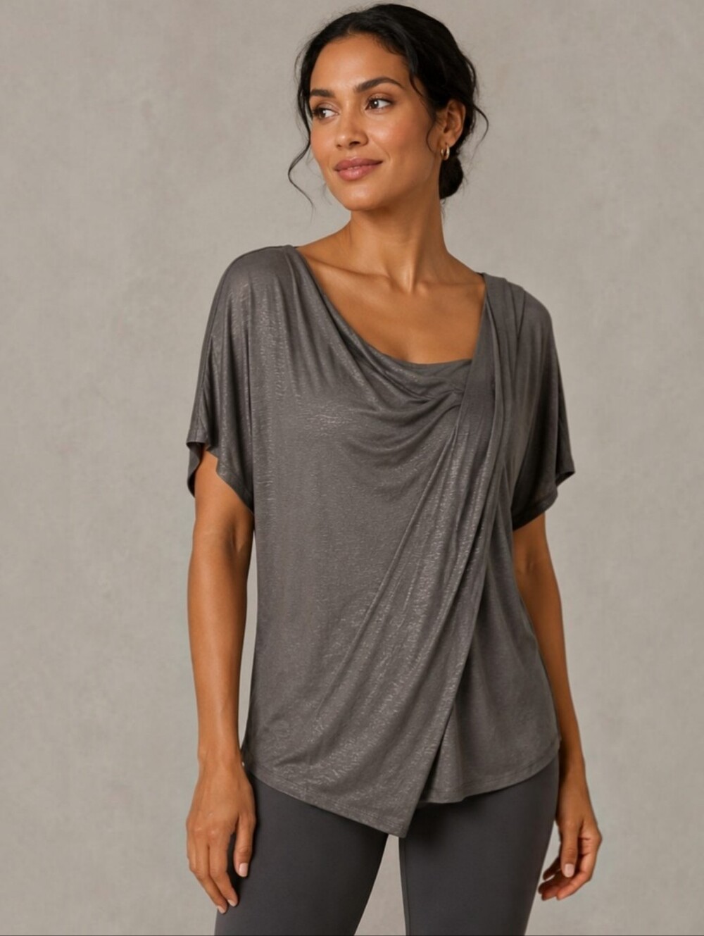 New York & Company Slinky Drape Top Size Large Metallic Taupe Loose Fit